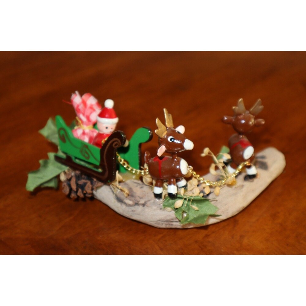 Vintage Mini Handmade DriftWood Santa Toy Sleigh Reindeer Christmas Decor 5.5"